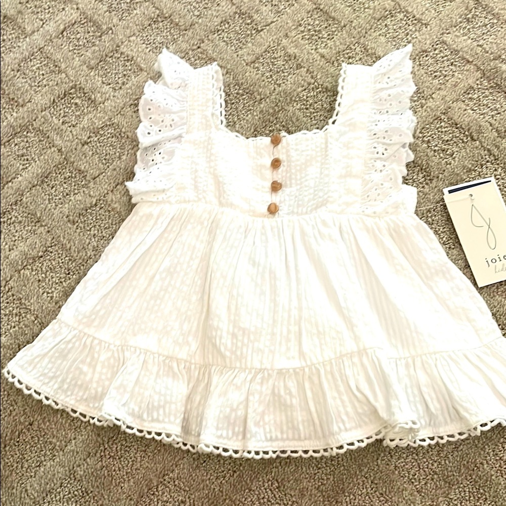 Joie White Lace Blouse with Ruffled Neckline and Puff Sleeves